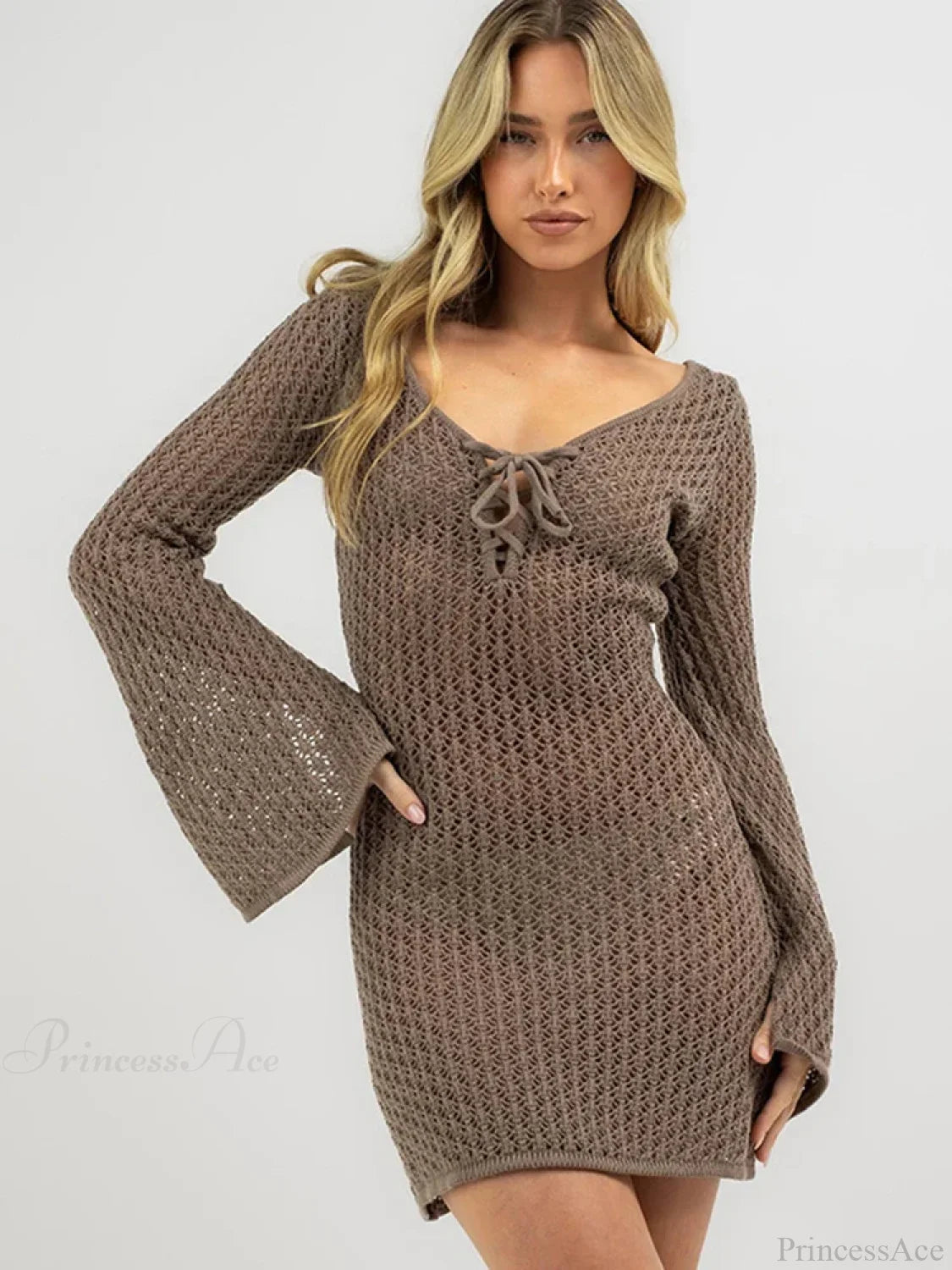 Solid Lace Up Bikini Cover Up Coffee / S