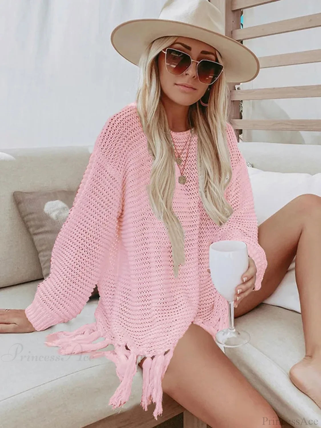 Solid Lace Up Tassel Beach Cover Up Pink / One Size