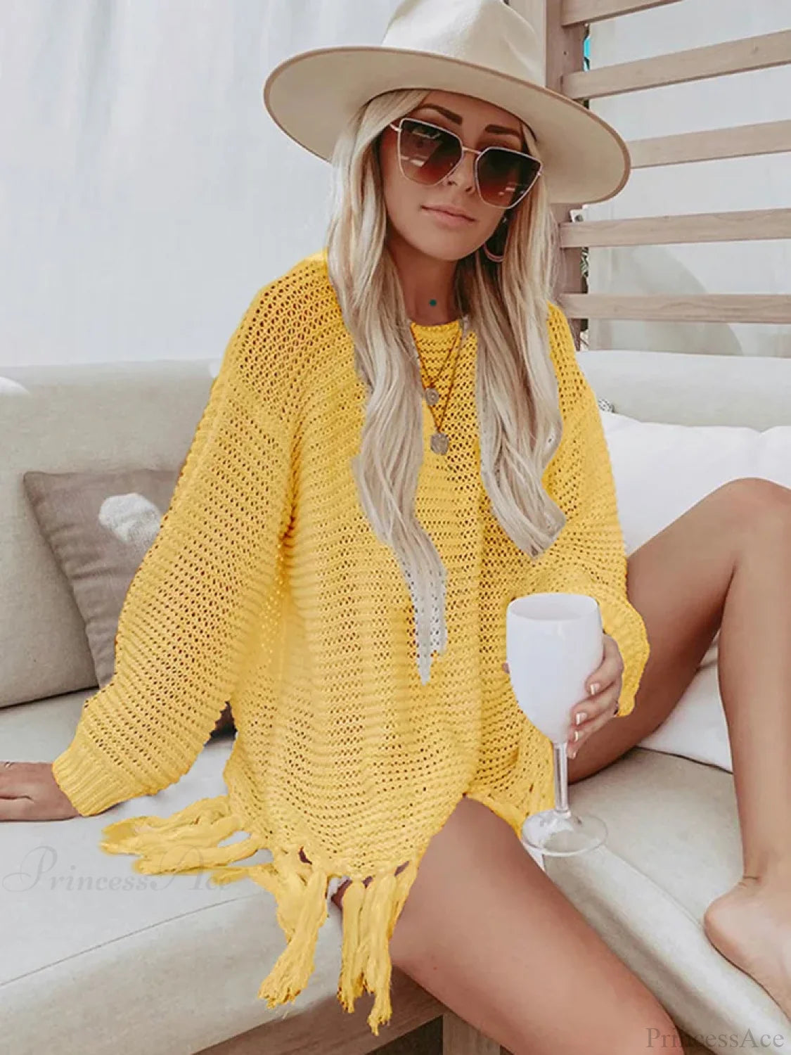 Solid Lace Up Tassel Beach Cover Up Yellow / One Size