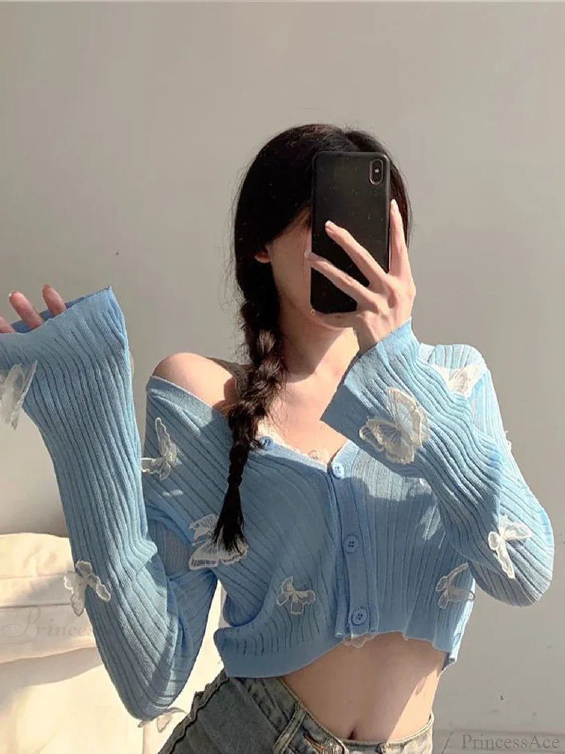 Solid Lantern Sleeve Button Down Knit Cardigan cardiagn-250126