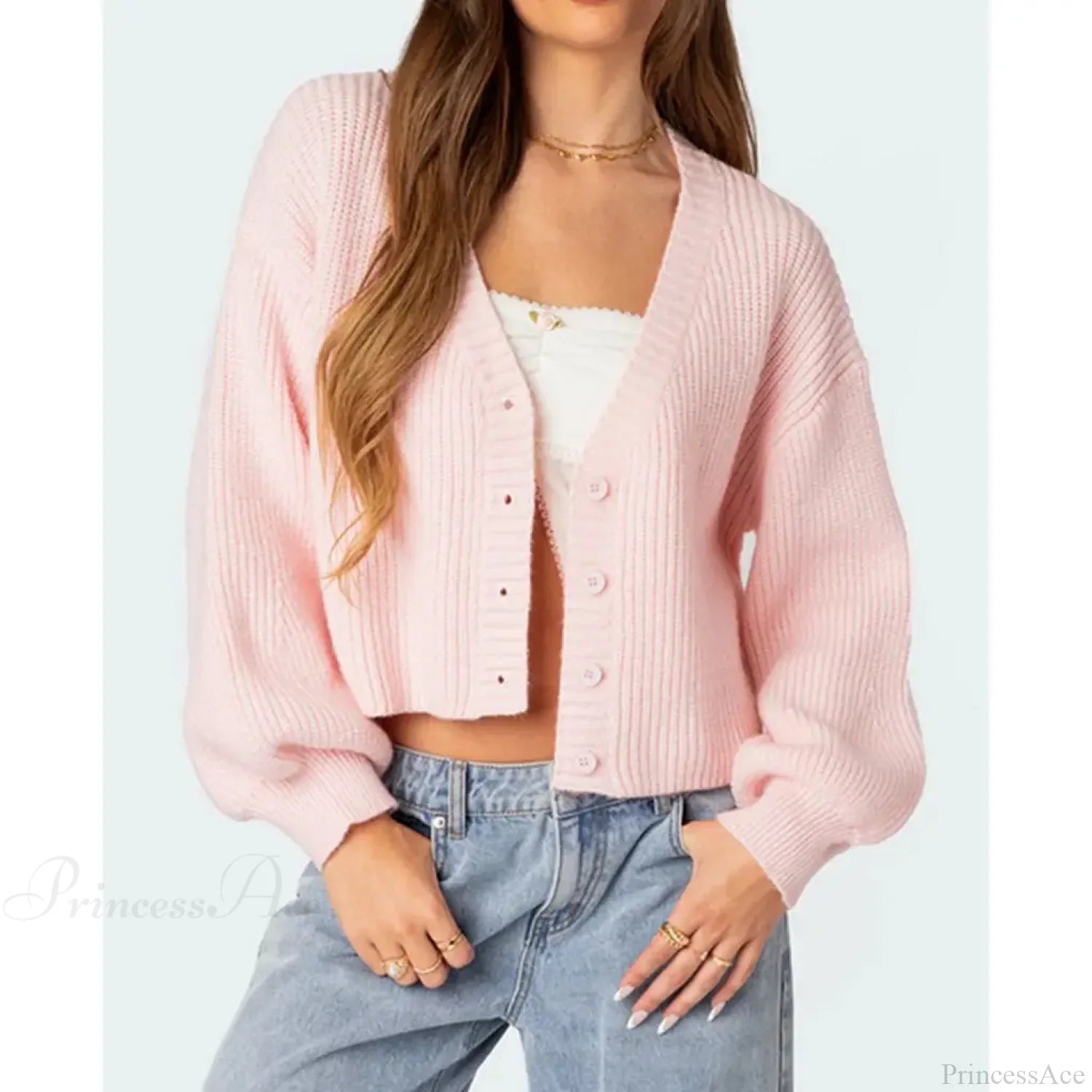 Solid Lantern Sleeve Button Down Knit Cardigan Pink / S cardiagn-250126