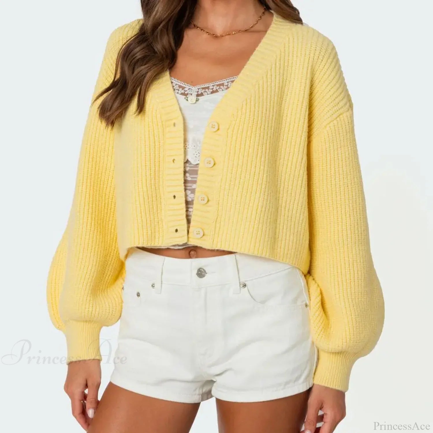 Solid Lantern Sleeve Button Down Knit Cardigan Yellow / S cardiagn-250126