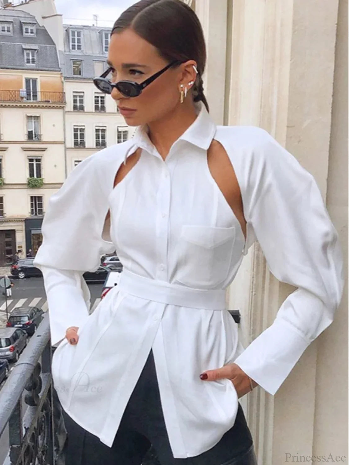 Solid Lapel Single Breasted White Blouse blouse-250223