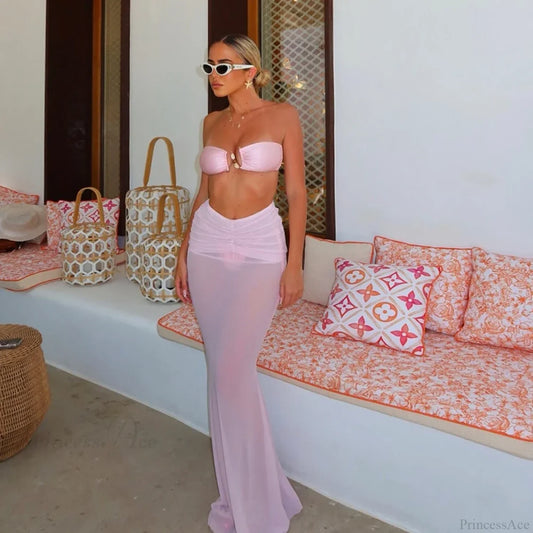 Solid Long Skirt Three Piece Swimsuit