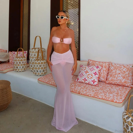 Solid Long Skirt Three Piece Swimsuit Pink / S