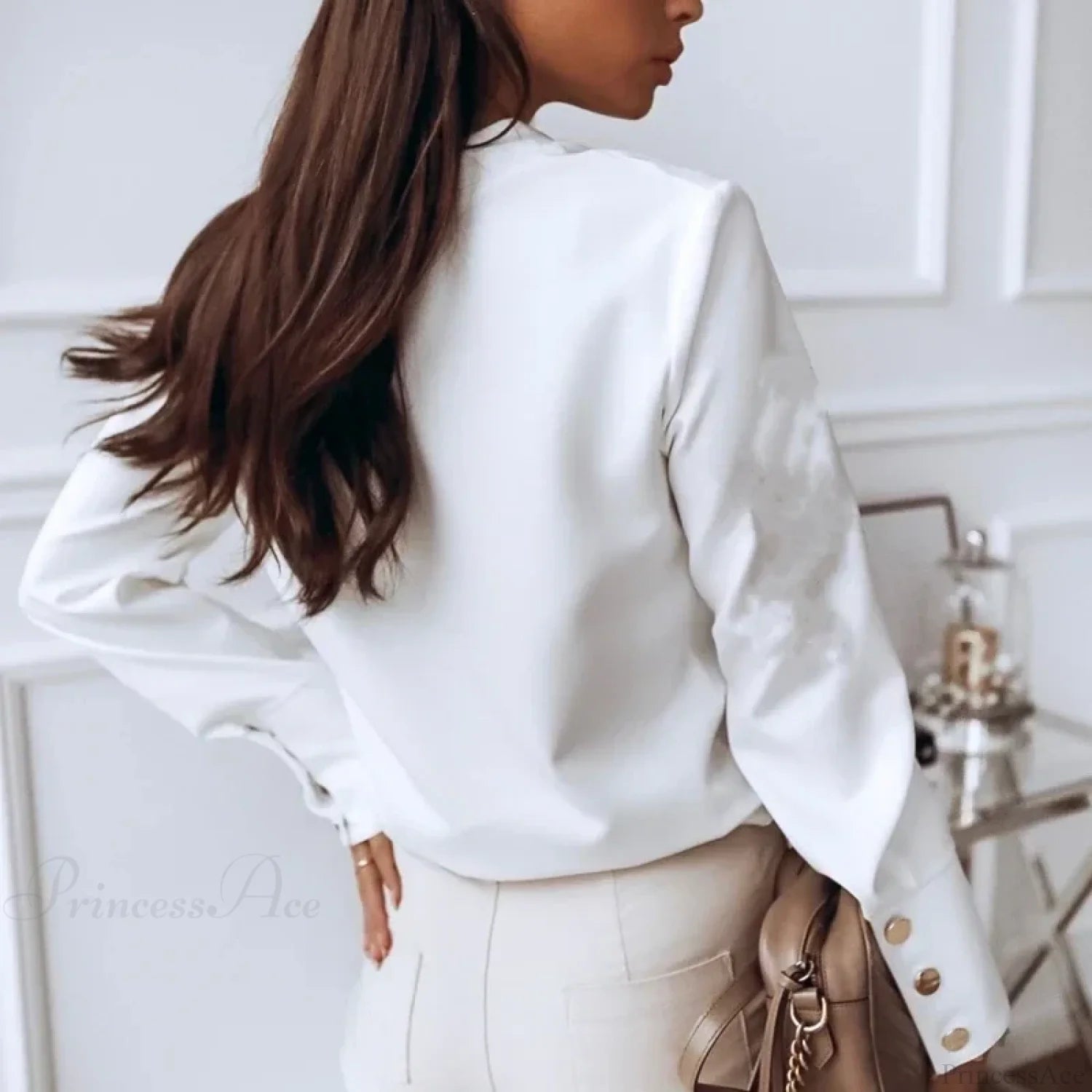 Solid Long Sleeve White Cotton Blouse blouse-250223