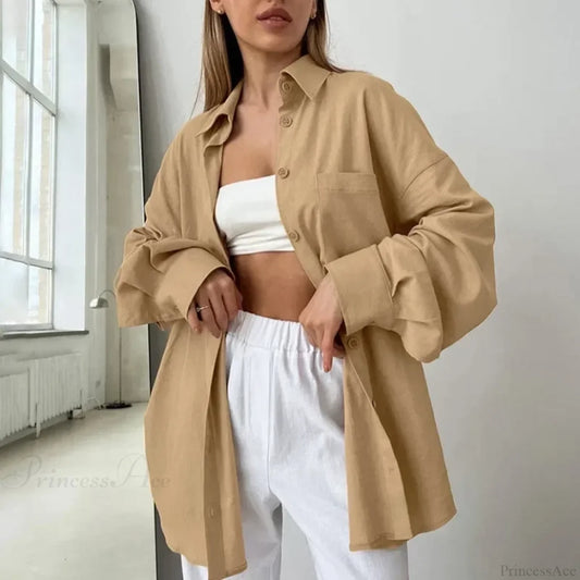 Solid Loose Cotton Blouse Elegant Autumn Blouse Khaki / S blouse-250126