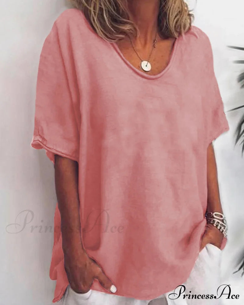 Solid color round neck loose t-shirt Pink 23BF clothes SALE Short Sleeve Tops Spring Summer T-shirts Tops/Blouses
