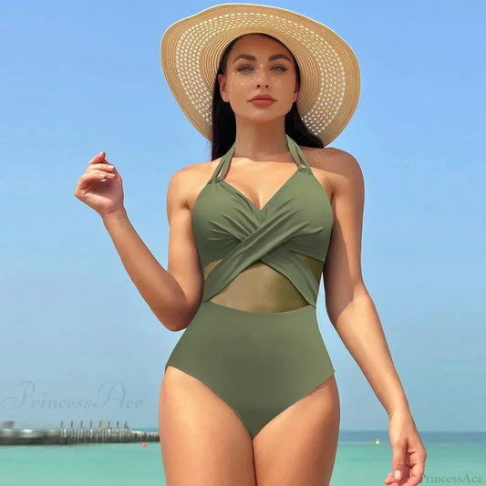 Solid Mesh V-neck One Piece Set army green / S