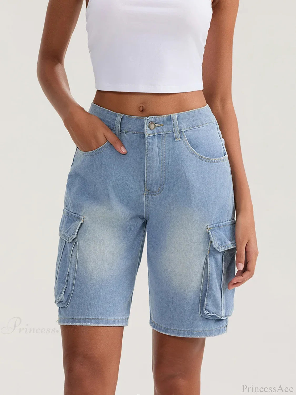 Solid Mid Rise Button Denim Short short-250223