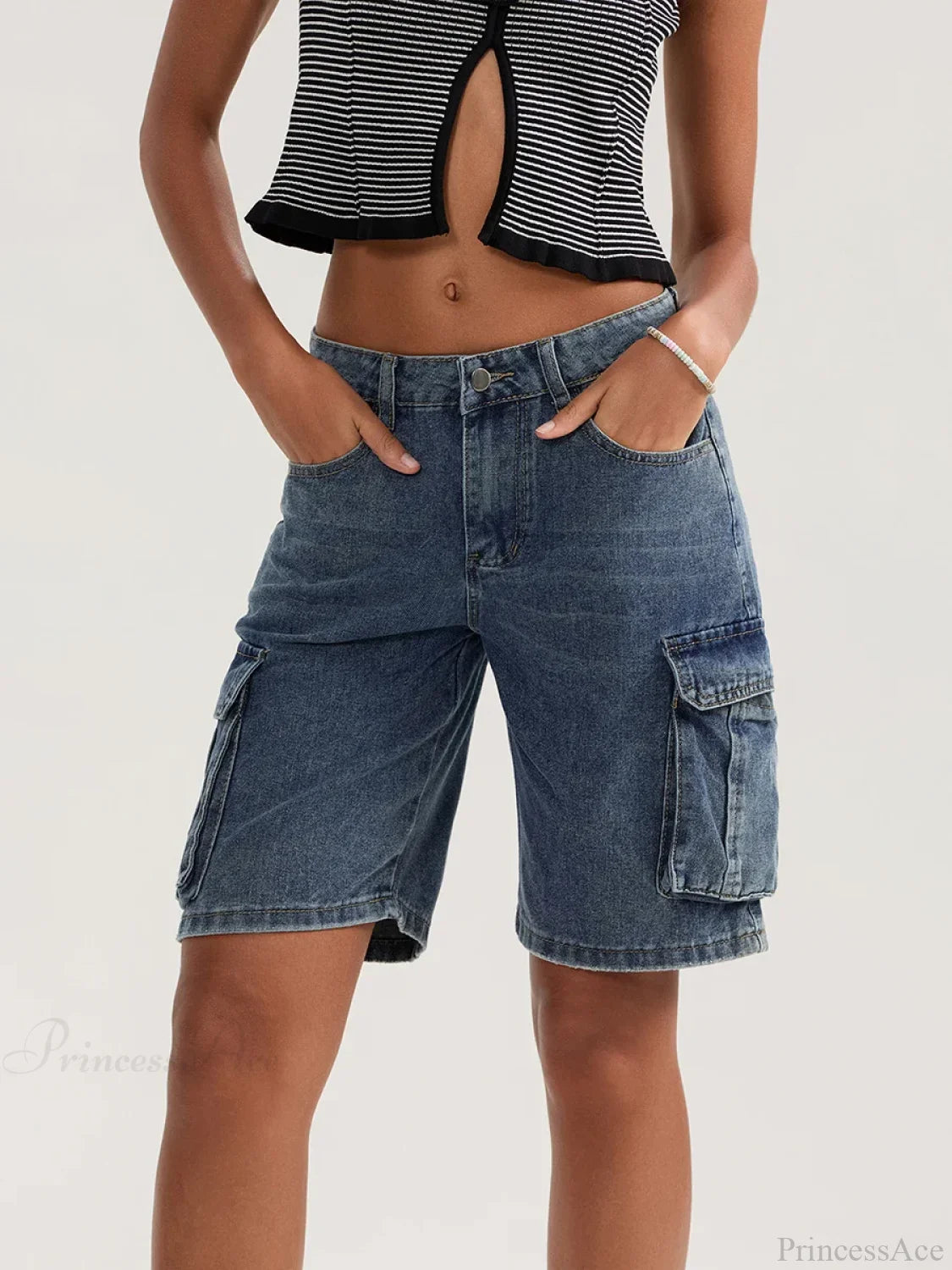 Solid Mid Rise Button Denim Short short-250223