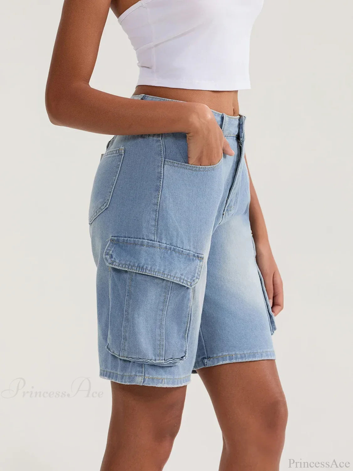 Solid Mid Rise Button Denim Short short-250223
