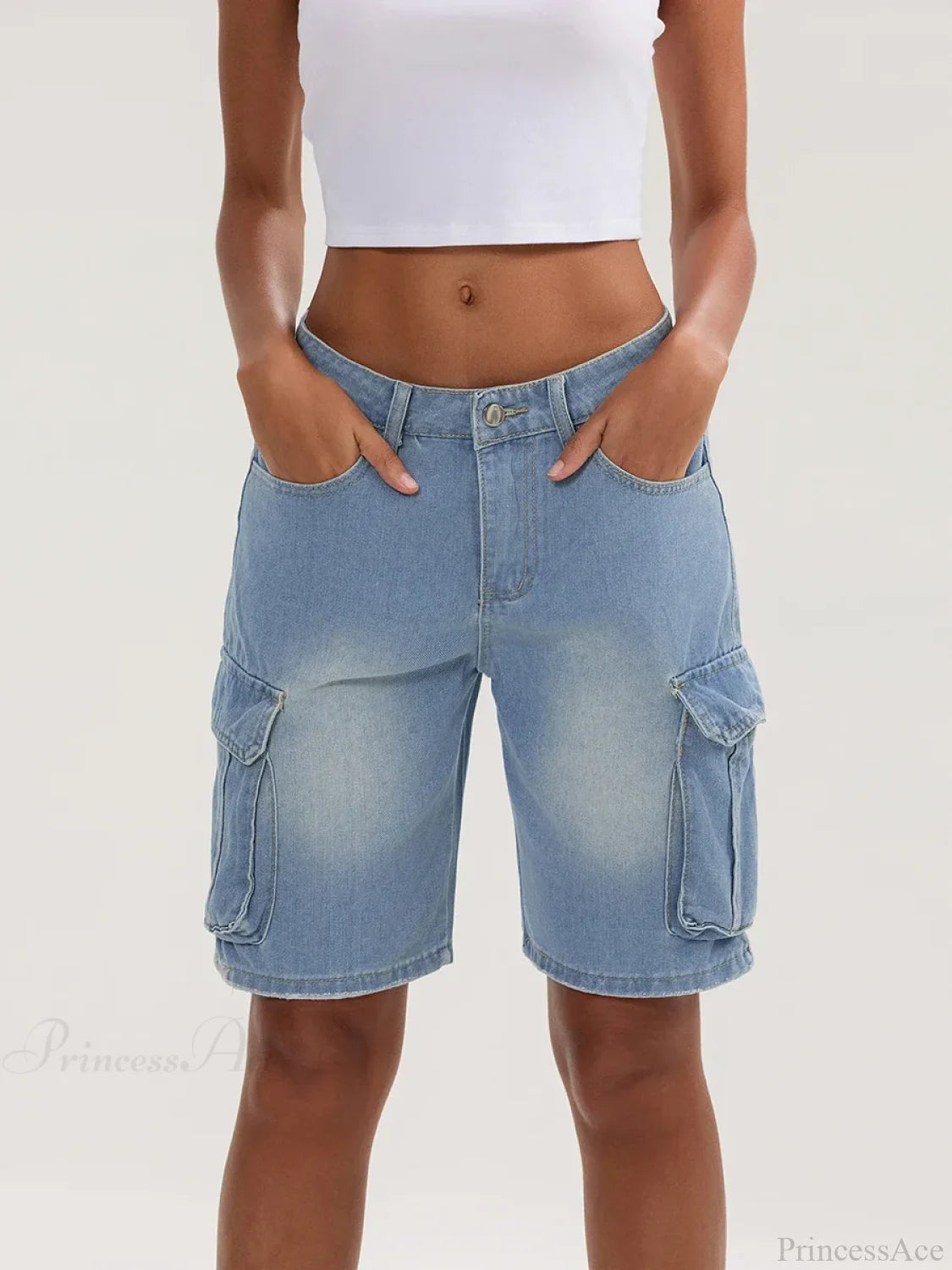 Solid Mid Rise Button Denim Short SKY BLUE / S short-250223