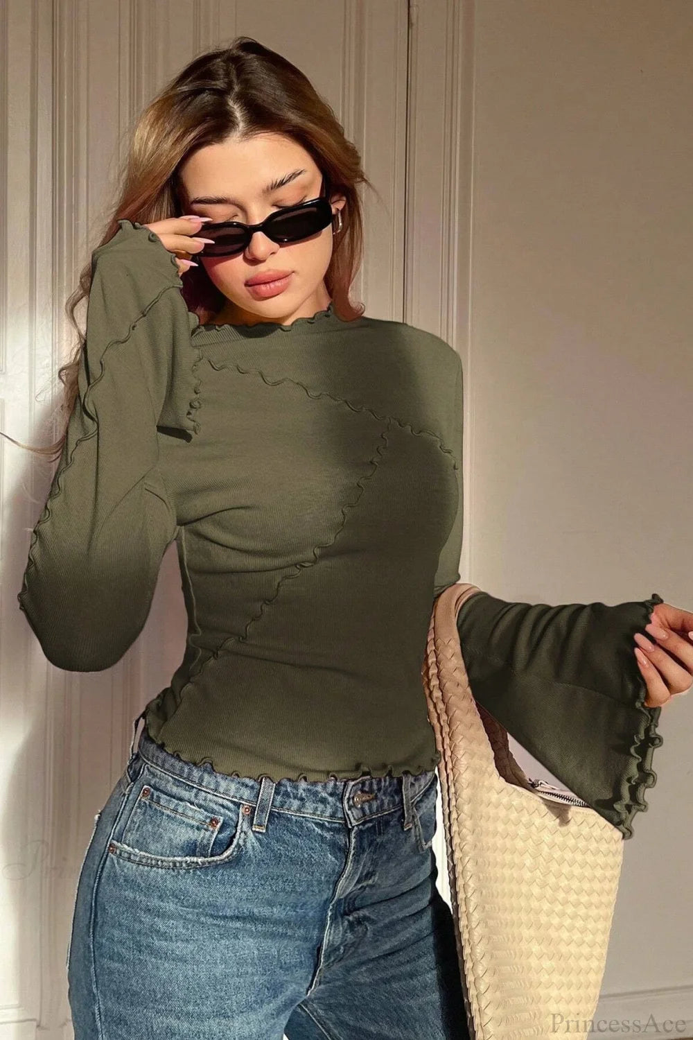Solid Mock Neck Paneled Ruffled Long Sleeve Tee