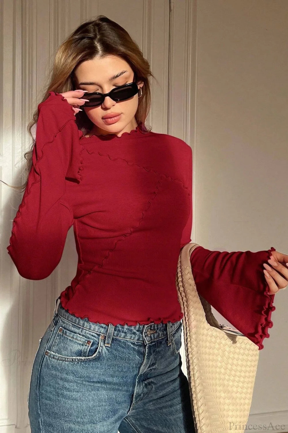 Solid Mock Neck Paneled Ruffled Long Sleeve Tee Burgundy / S
