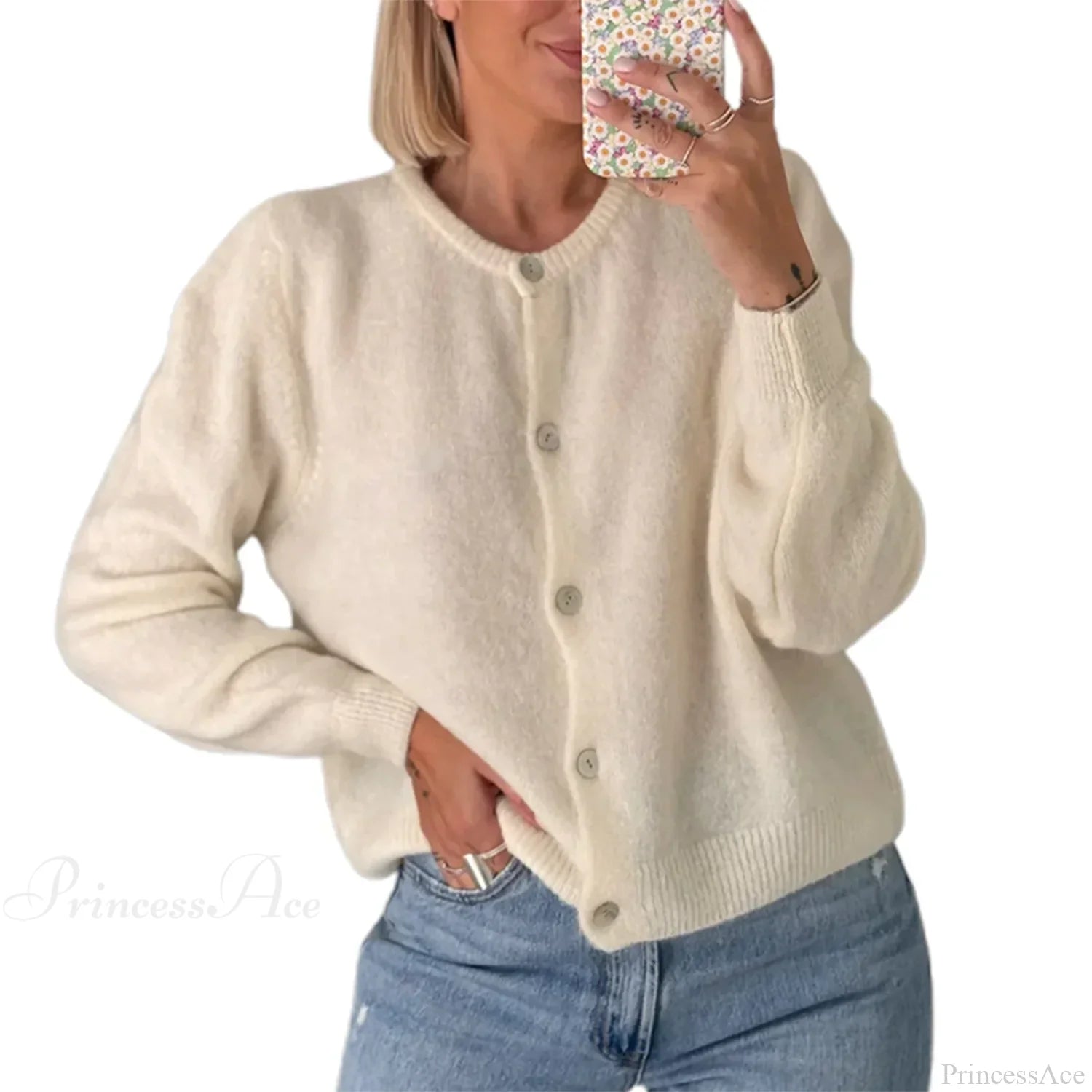 Solid O-neck Cropped Knitted Cardigan beige / S