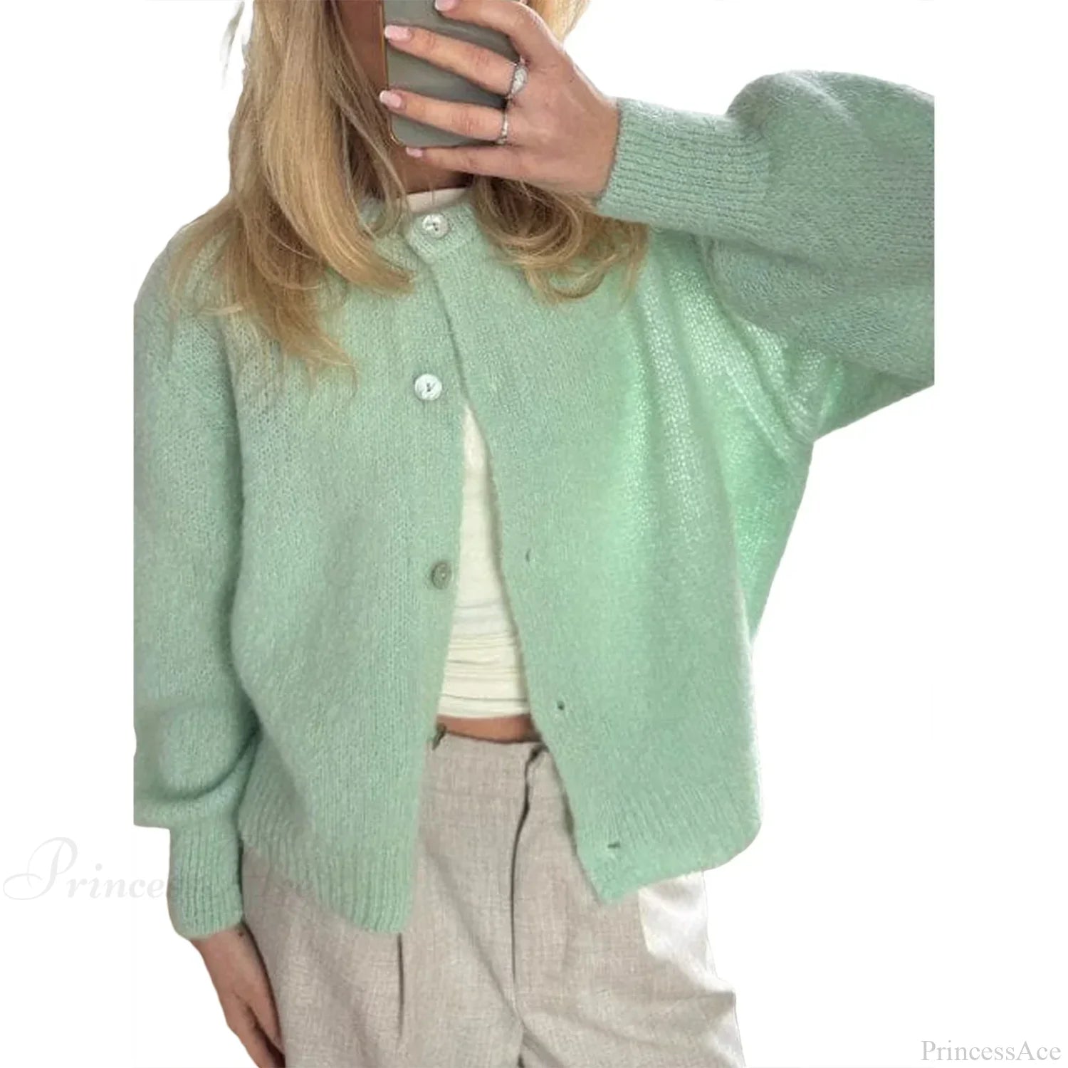 Solid O-neck Cropped Knitted Cardigan green / S