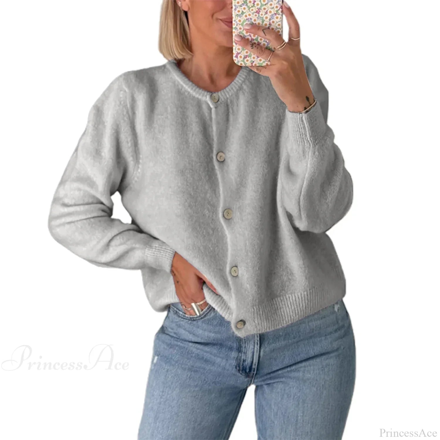 Solid O-neck Cropped Knitted Cardigan grey 1 / S