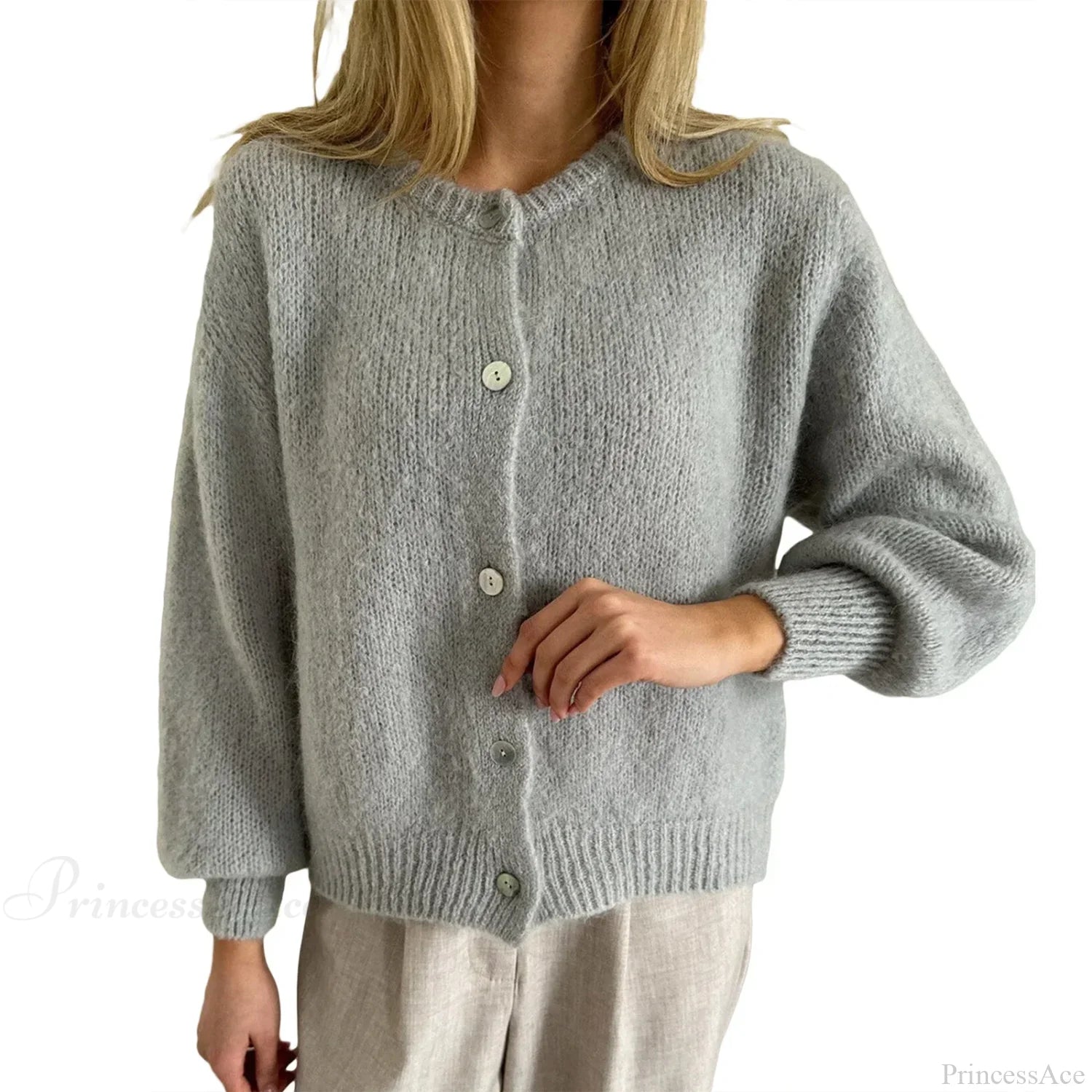 Solid O-neck Cropped Knitted Cardigan grey / S