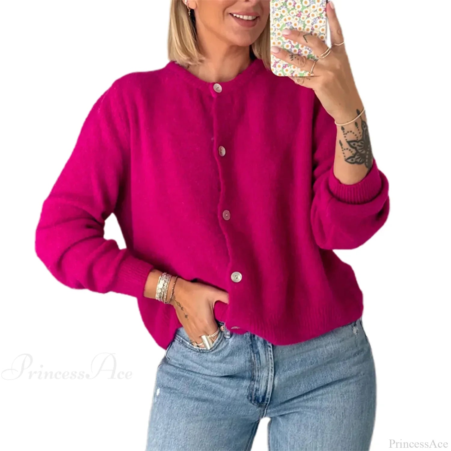 Solid O-neck Cropped Knitted Cardigan rose red / S