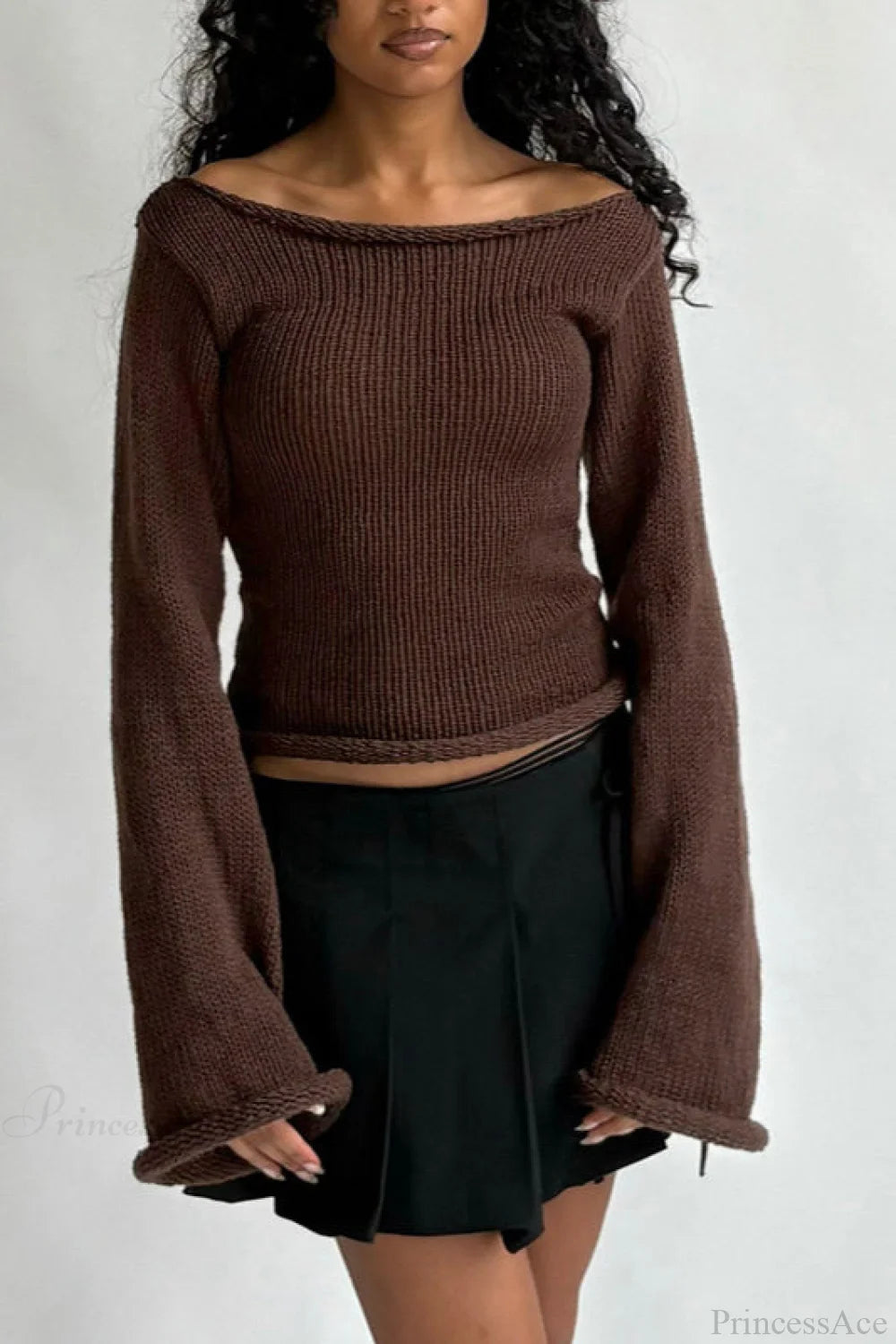 Solid Off Shoulder Rolled Edge Loose Knit Sweater
