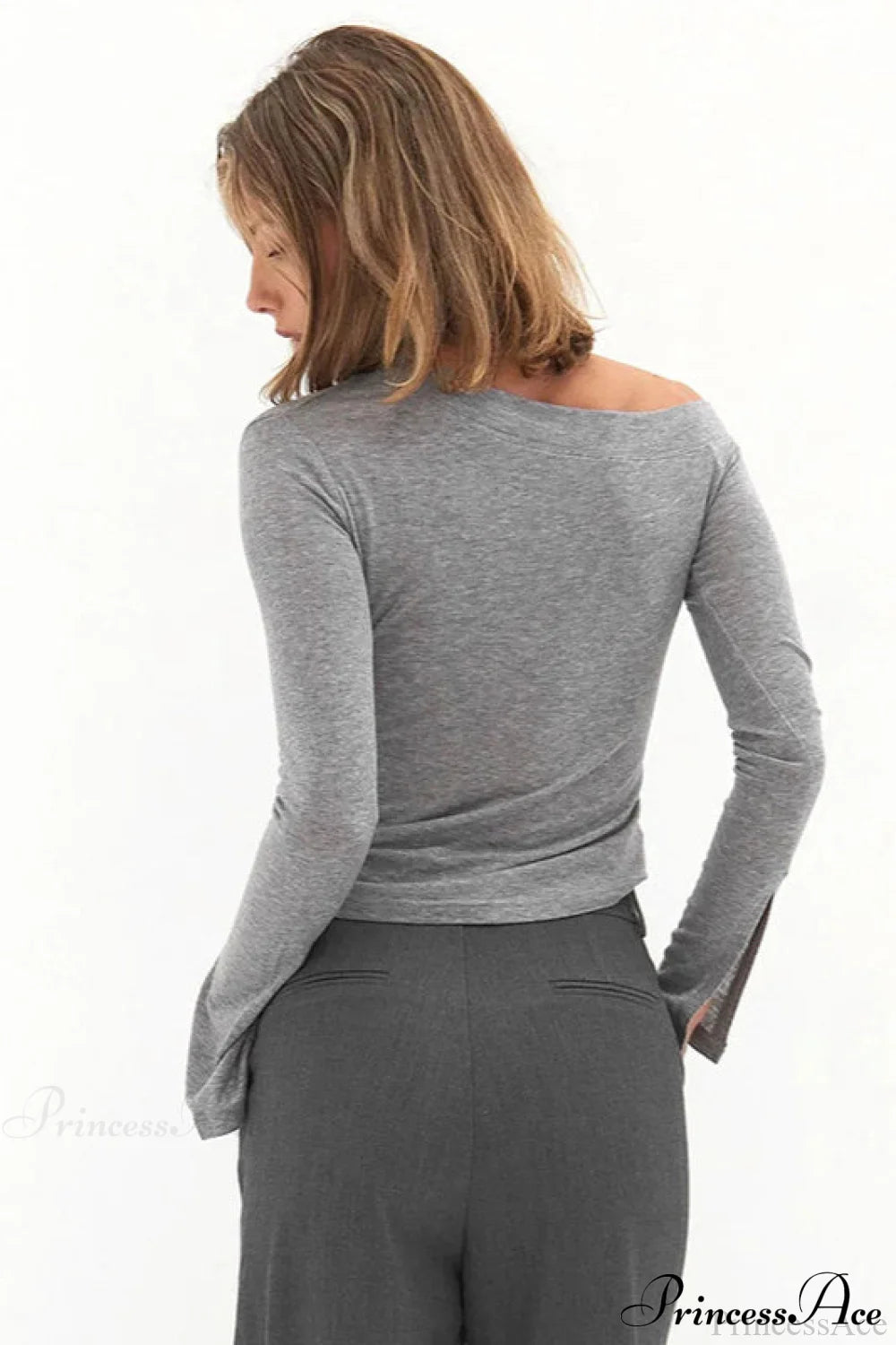 Solid One Shoulder Ruched Split Long Sleeve Tee