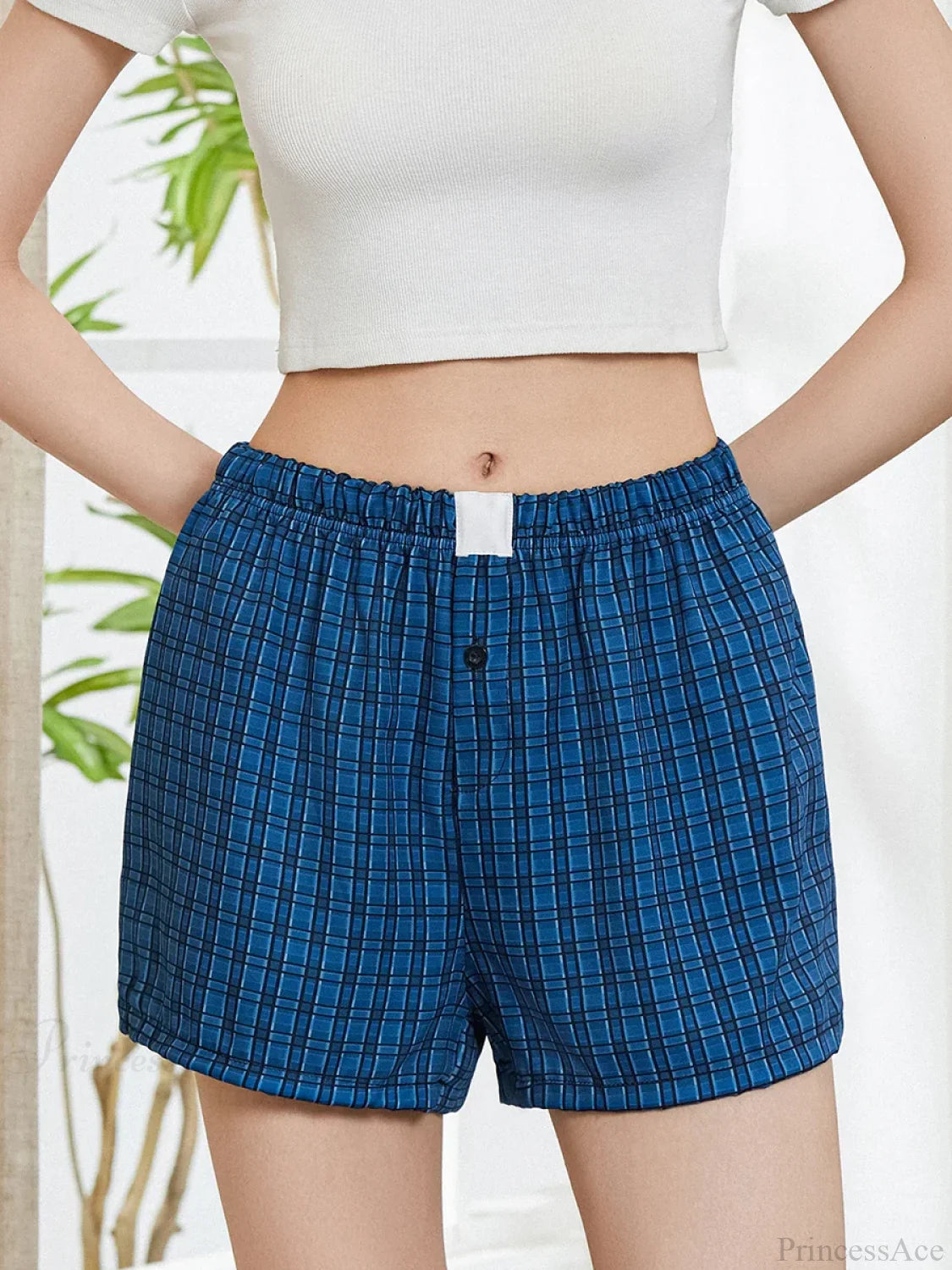 Solid Plaid Elastic Waist Short blue / S short-250223