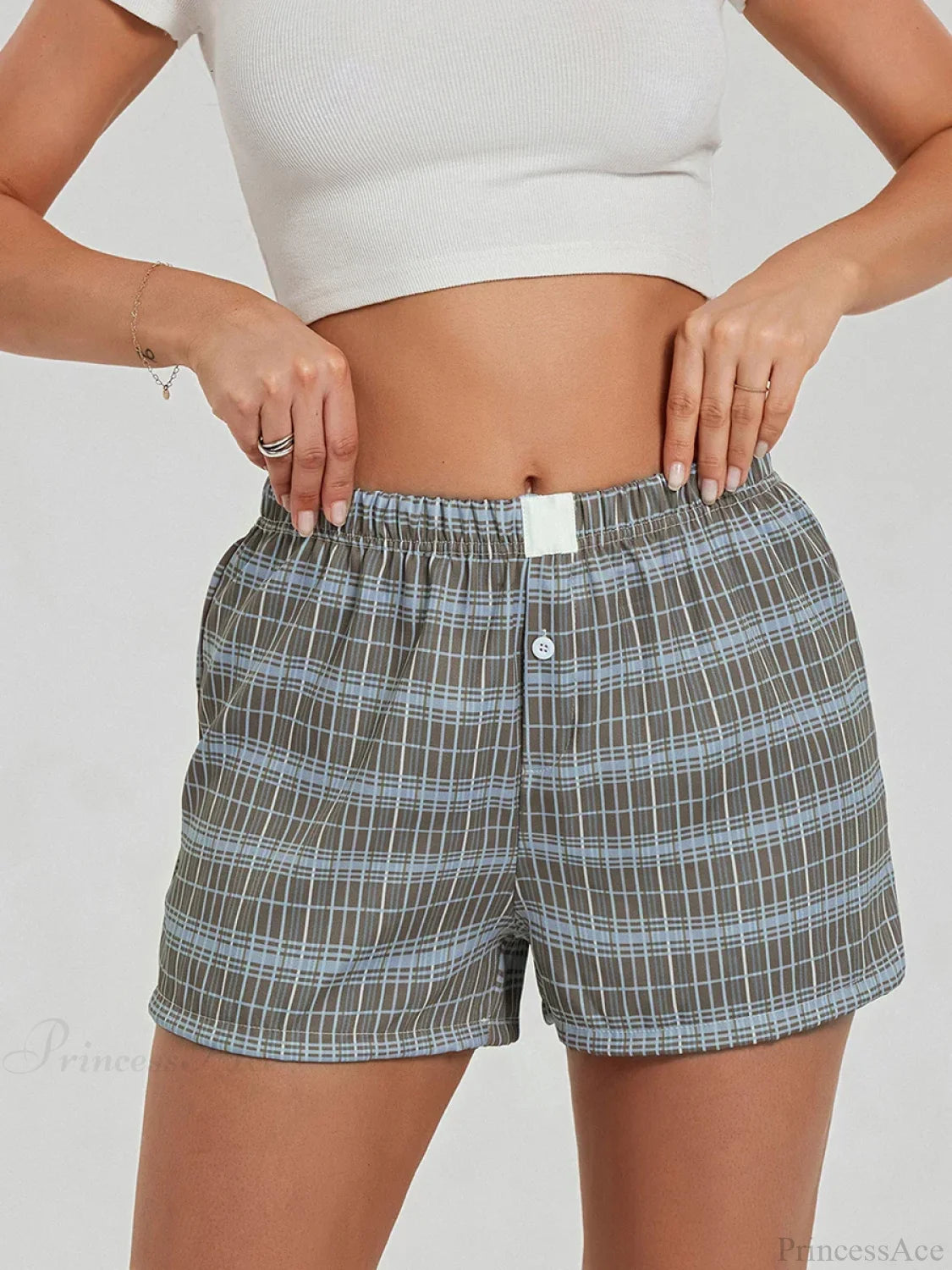 Solid Plaid Elastic Waist Short green / S short-250223