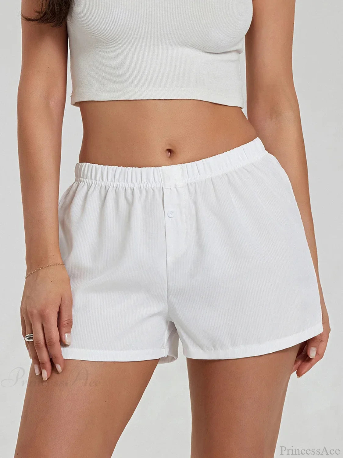 Solid Plaid Elastic Waist Short white / S short-250223