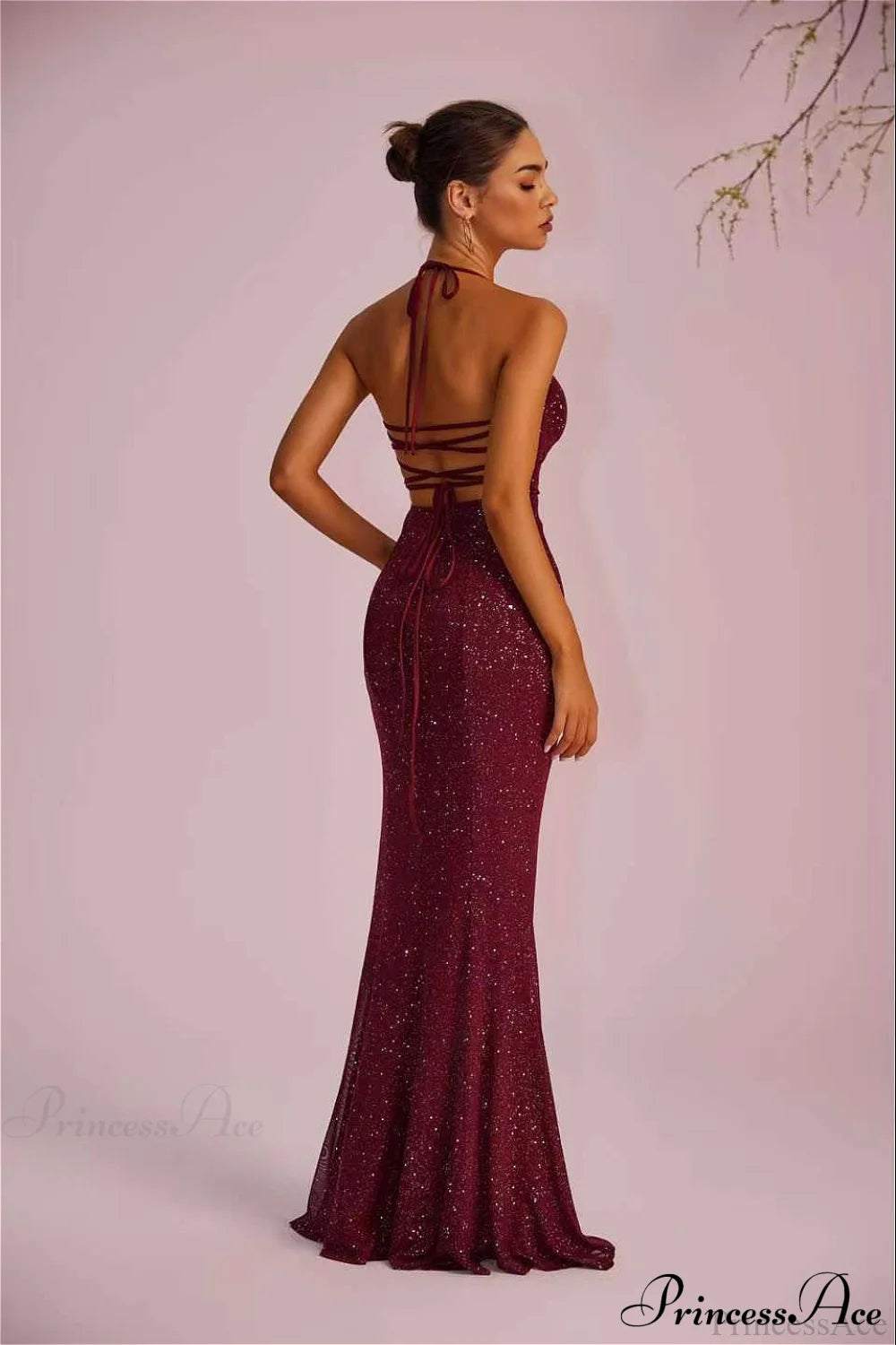 Solid Plunging Backless Slit Fitted Maxi Party Dress
