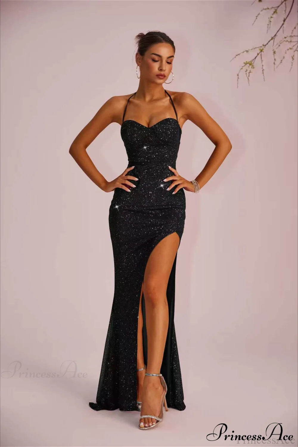 Solid Plunging Backless Slit Fitted Maxi Party Dress Black / S