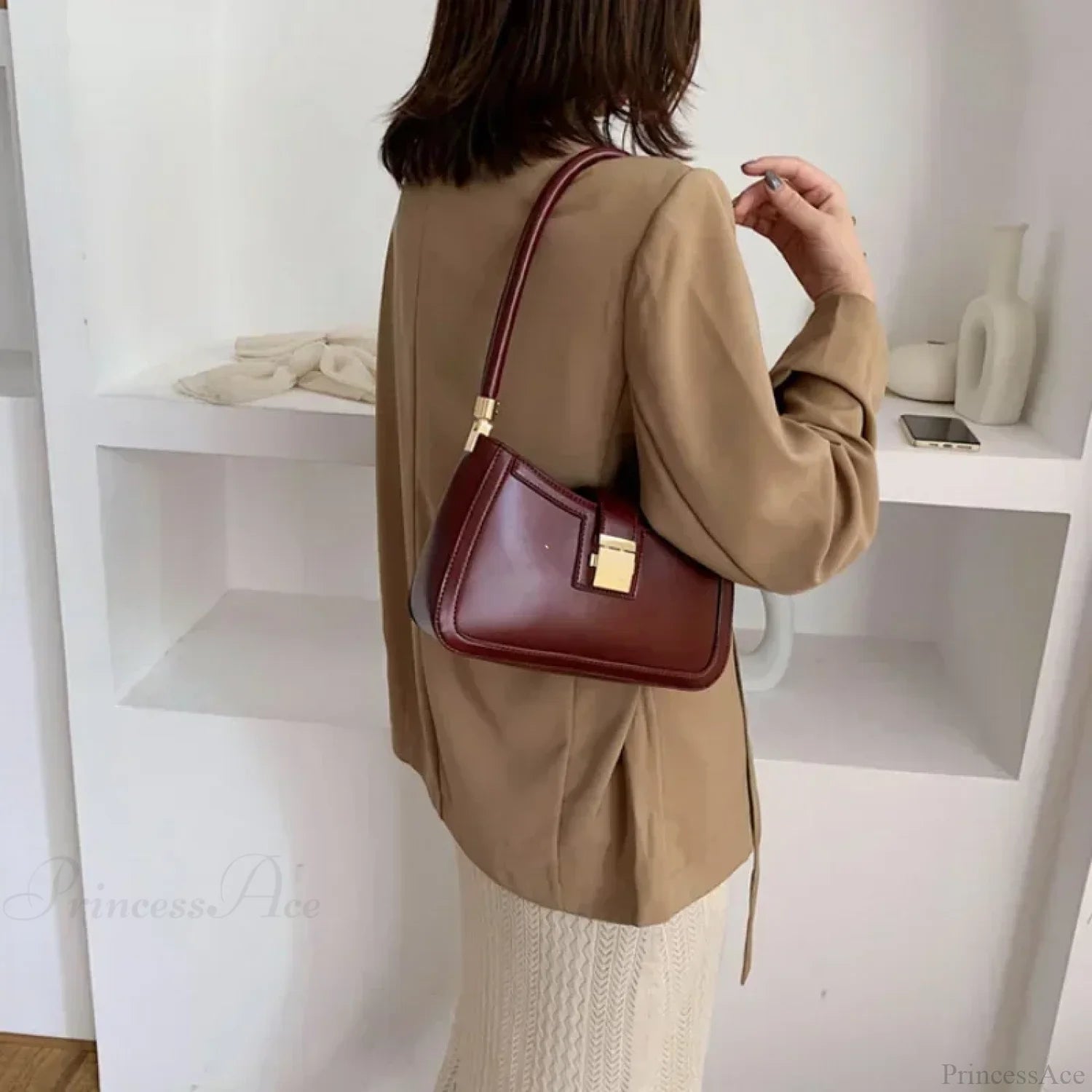 Solid PU Leather Trendy Lock Shoulder Bag shoulder-250126