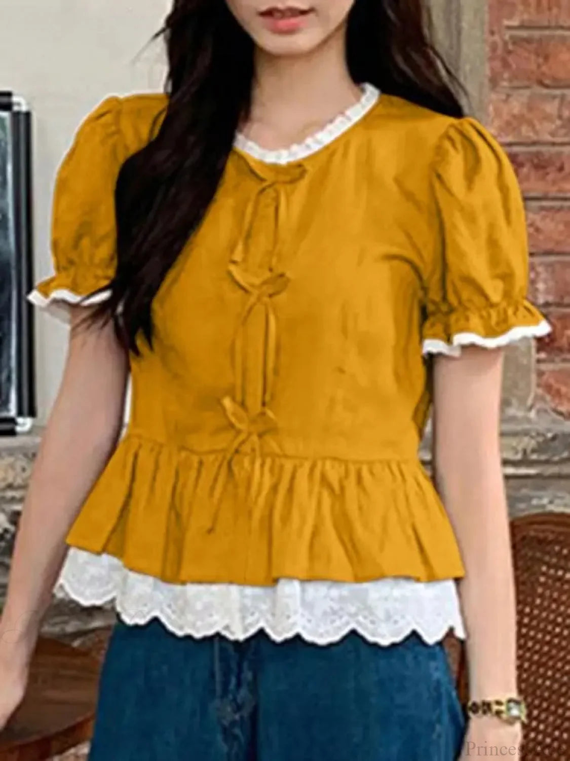 Solid Puff Sleeve Lace Patchwork Stand Collar Blouse Yellow / S blouse-250126