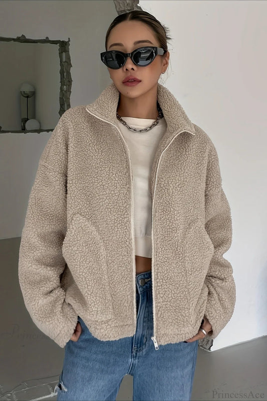 Solid Relaxed Shearling High Neck Jacket Apricot / S