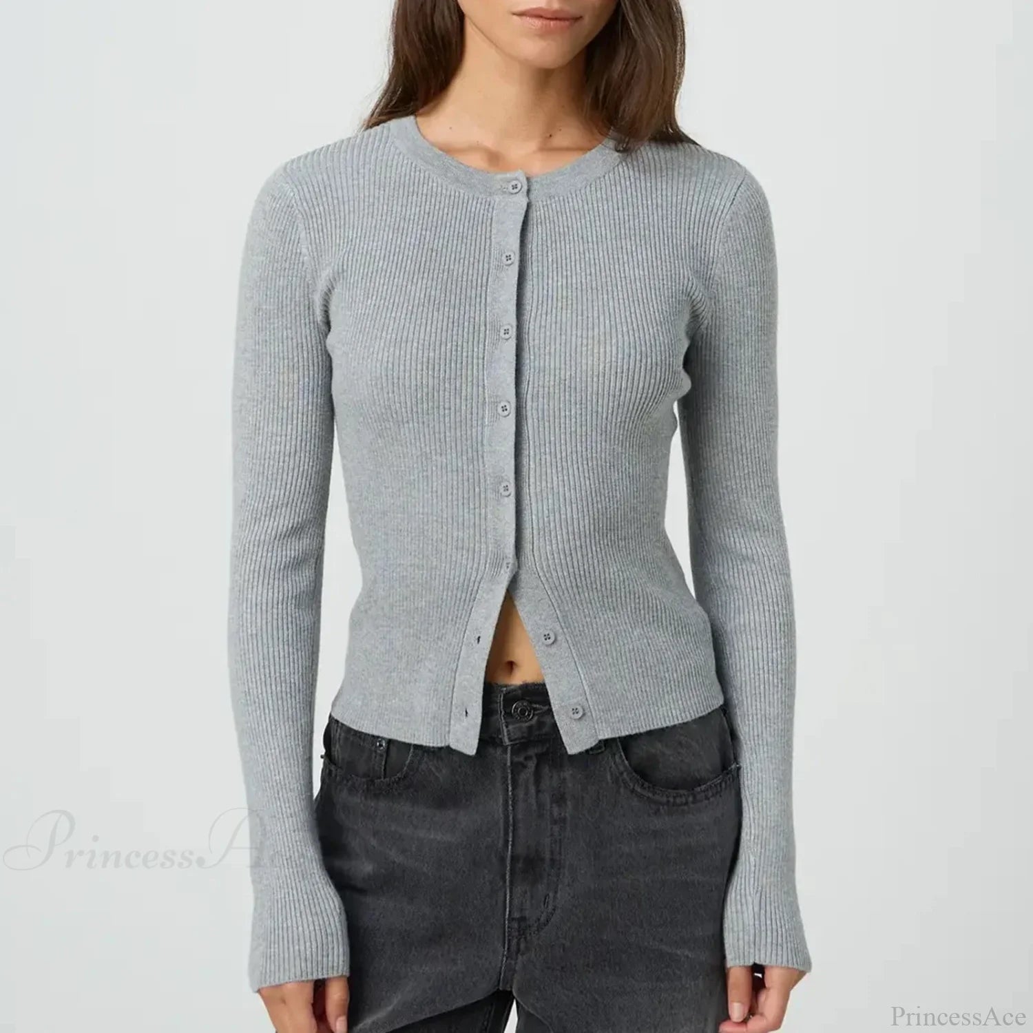 Solid Ribbed Button Up Slim Knit Cardigan GRAY / S cardiagn-250126
