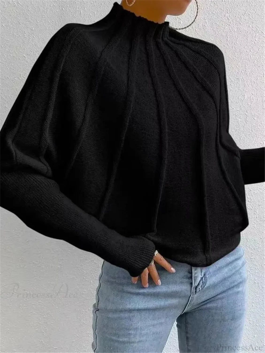 Solid Round Neck Batball Sleeve Loose Sweater black / S