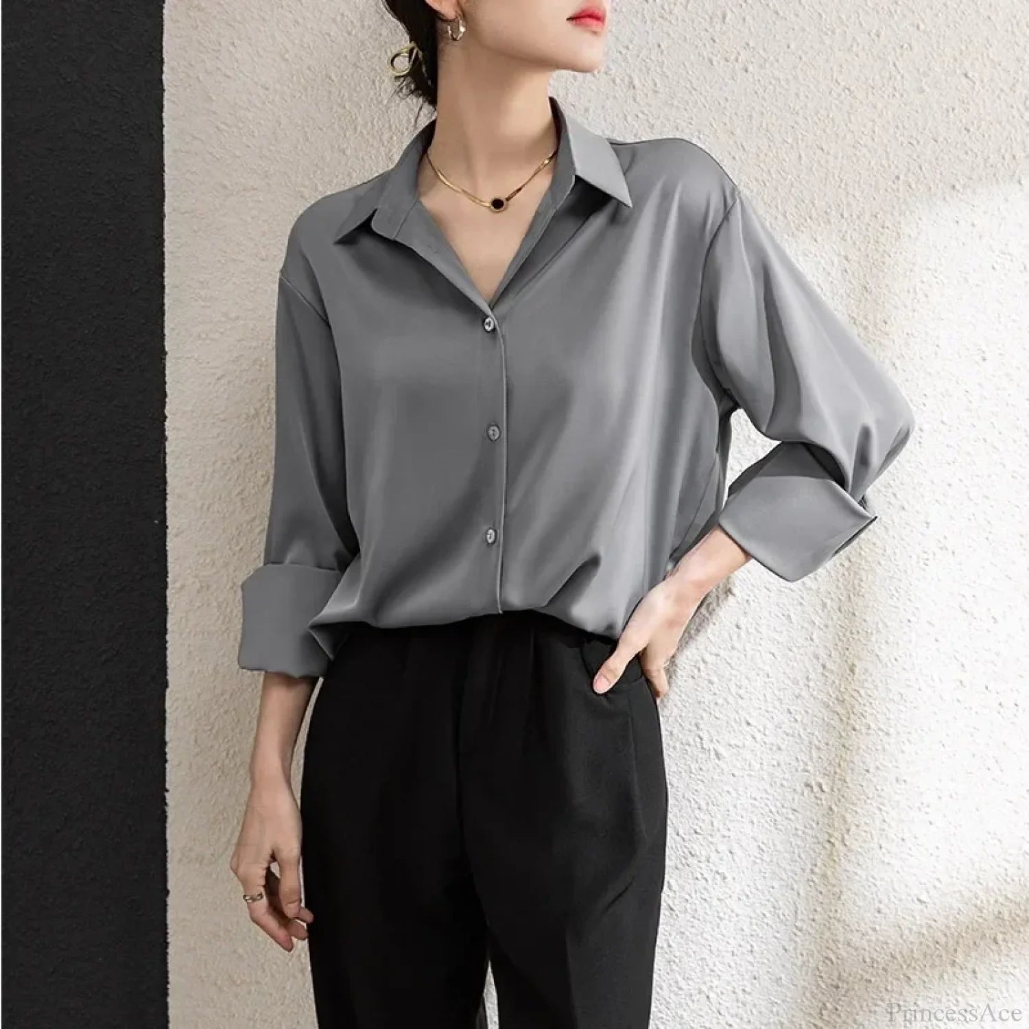 Solid Satin Drape Loose Long Sleeve Office Lady Blouse blouse-250126