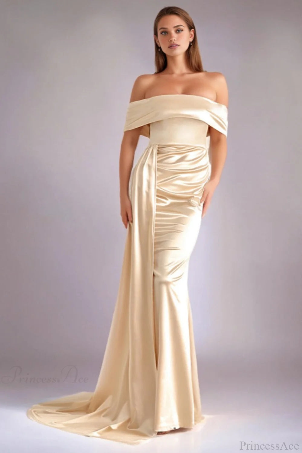 Solid Satin Off-the-Shoulder High Waist Mermaid Wedding Dress Champagne / XS