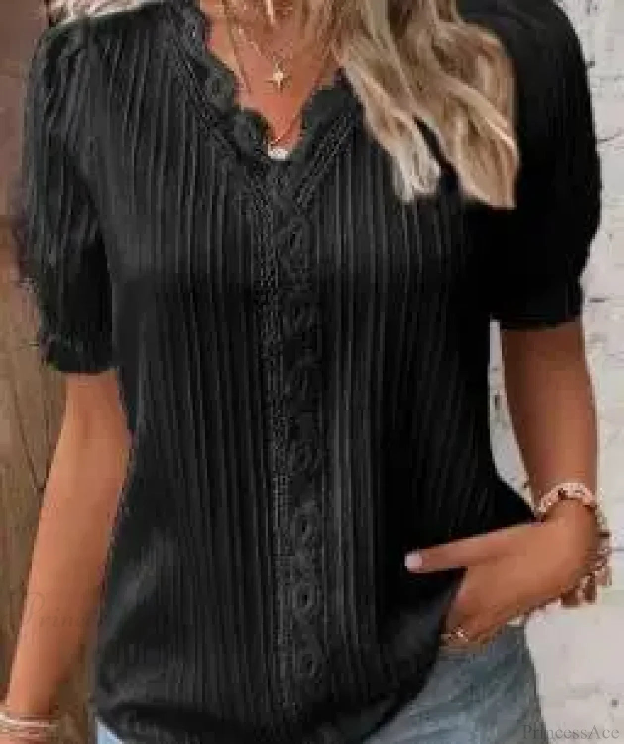 Solid Sexy V-neck Splice Short Sleeve Blouse Black / S blouse-250126
