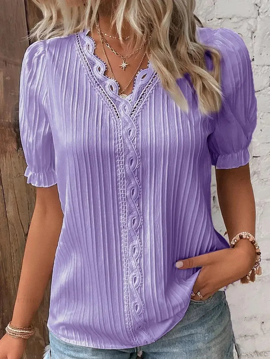 Solid Sexy V-neck Splice Short Sleeve Blouse PURPLE / S blouse-250126