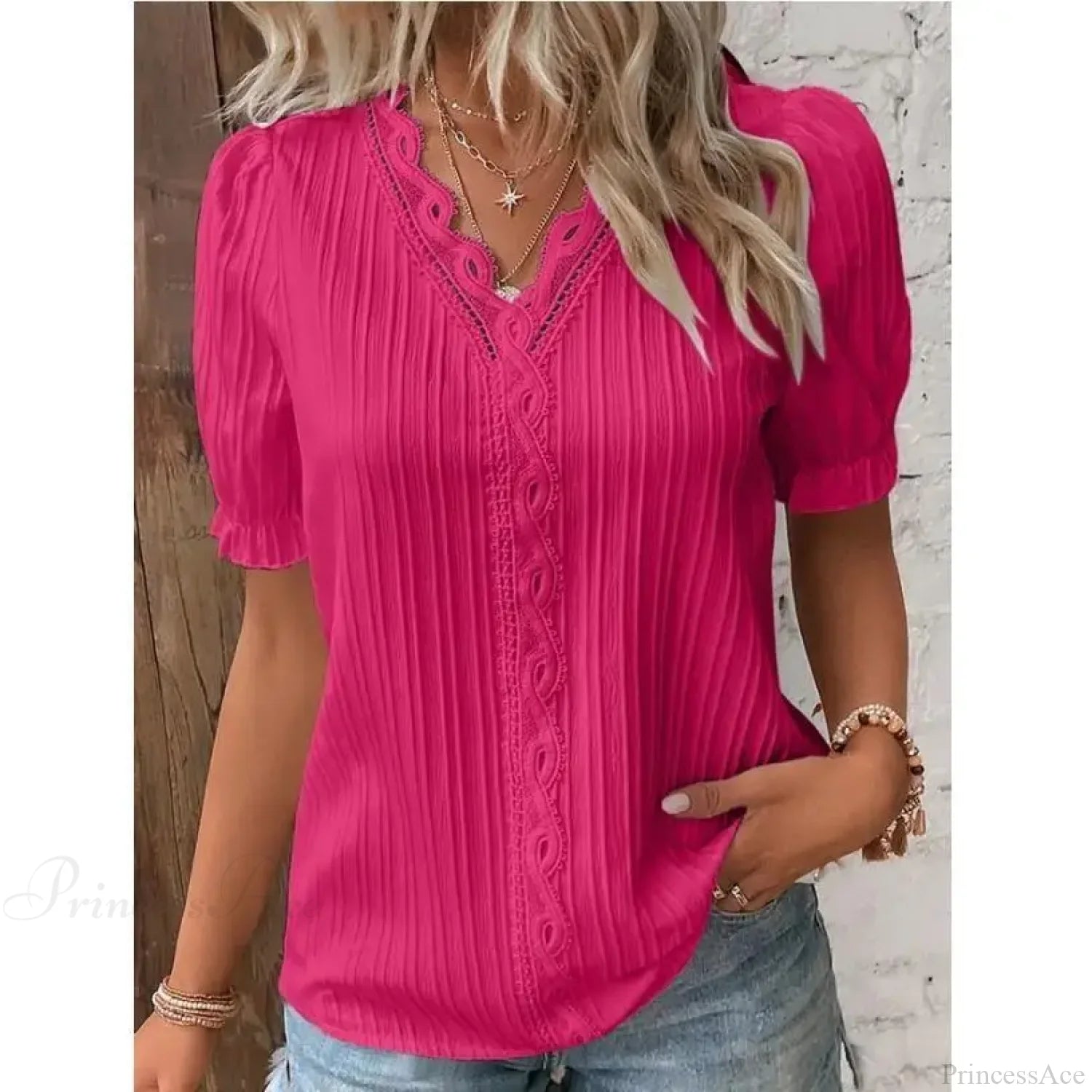 Solid Sexy V-neck Splice Short Sleeve Blouse Rose Red / S blouse-250126