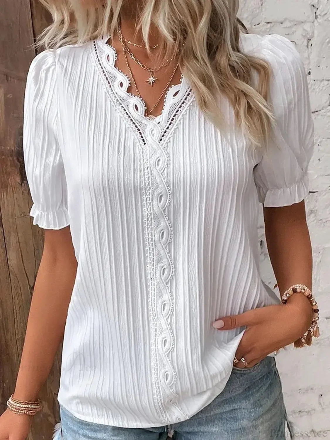 Solid Sexy V-neck Splice Short Sleeve Blouse WHITE / S blouse-250126