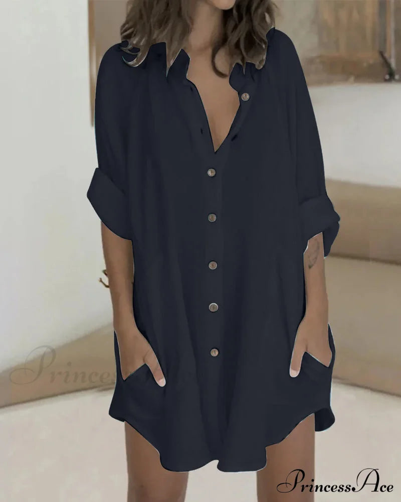 Button pocket solid shirt dress Black 23BF Casual Dresses Clothes Dresses Spring Summer