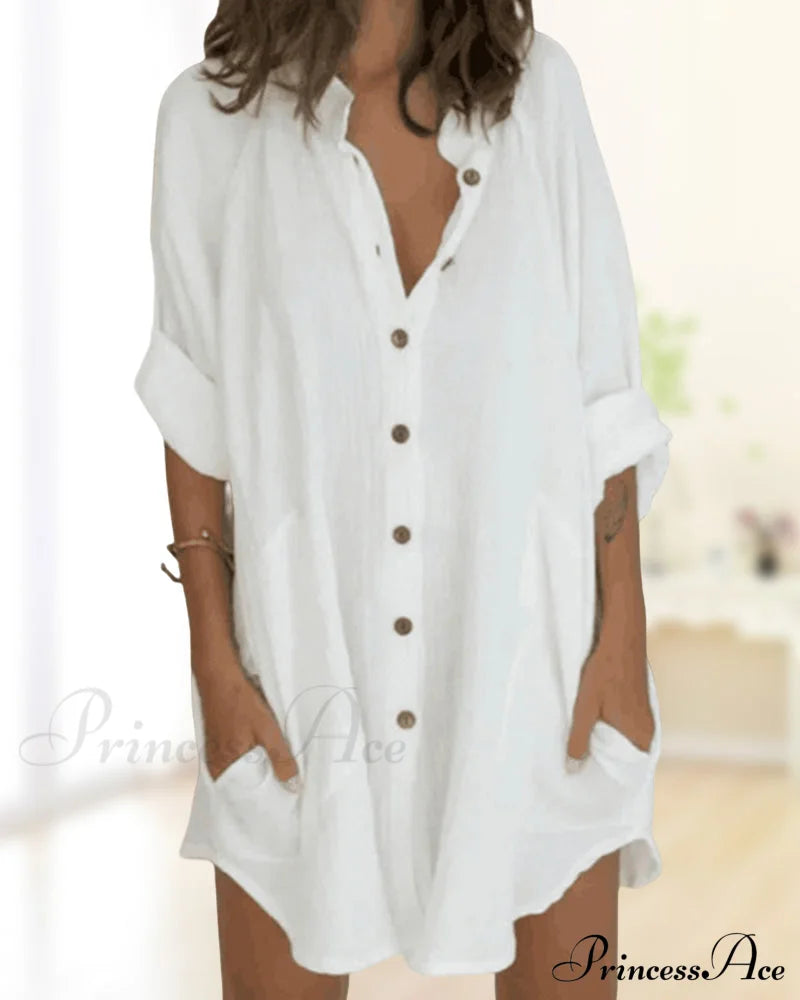 Solid Shirt Dress With Button Pocket Casual Dresses