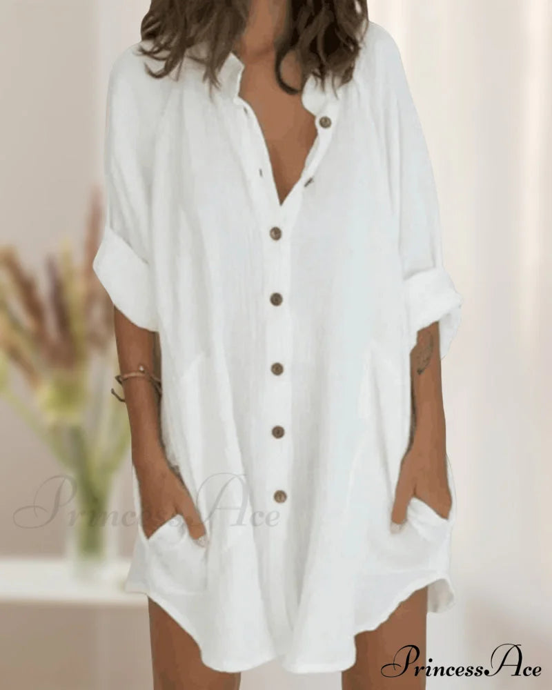 Solid Shirt Dress With Button Pocket Casual Dresses