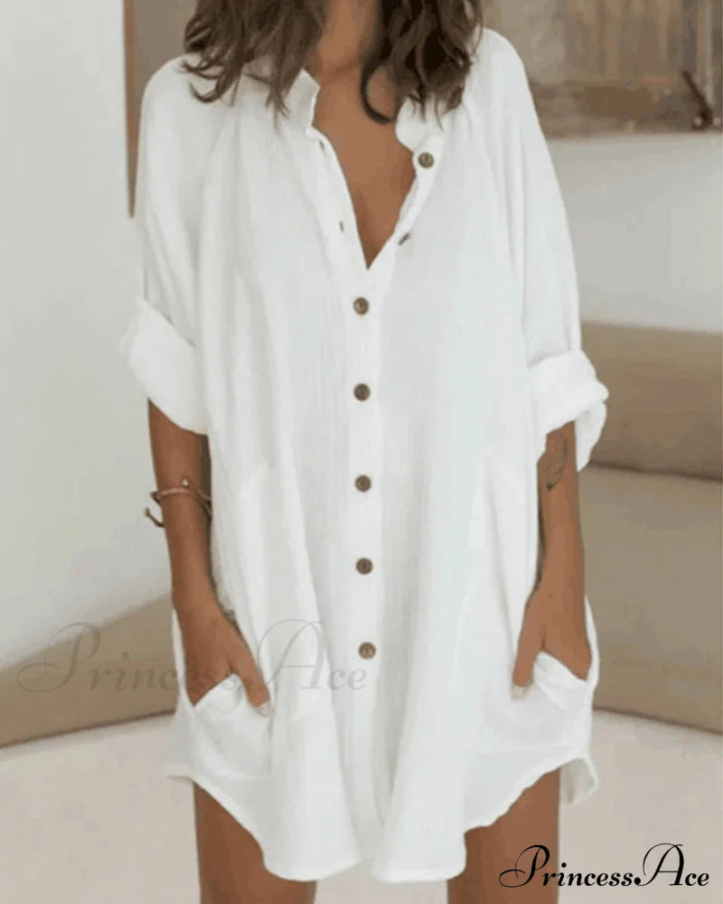 Button pocket solid shirt dress White 23BF Casual Dresses Clothes Dresses Spring Summer