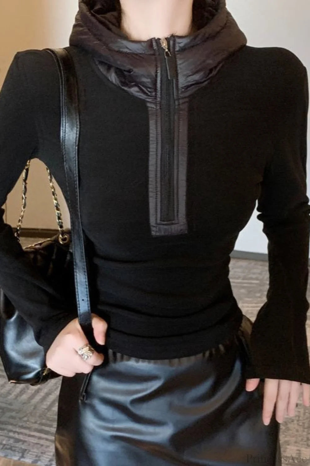 Solid Slim Half-Zip Hooded Long Sleeve Tee Black / M