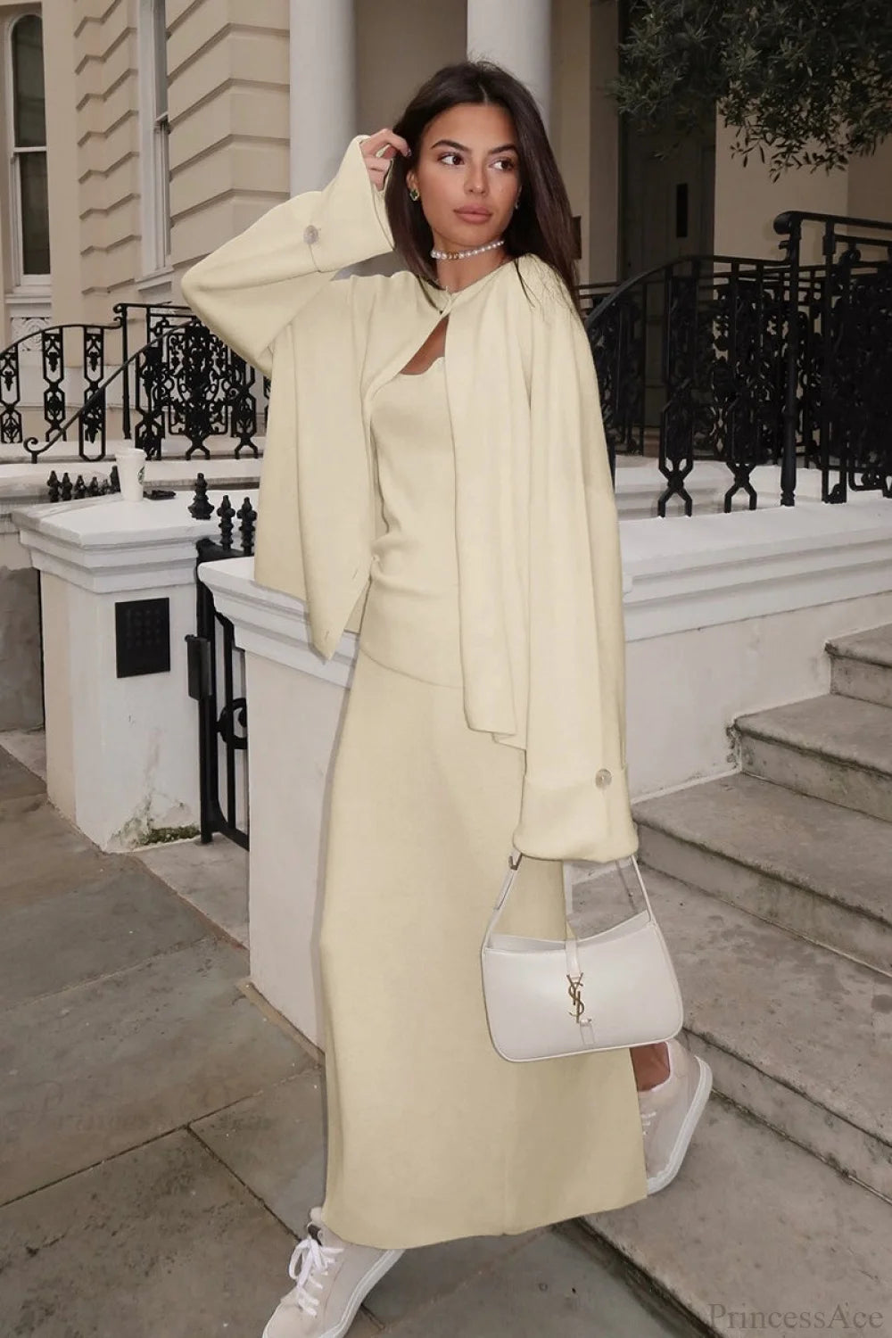 Solid Soft Minimalist Knit Cami Midi Skirt Three Piece Set