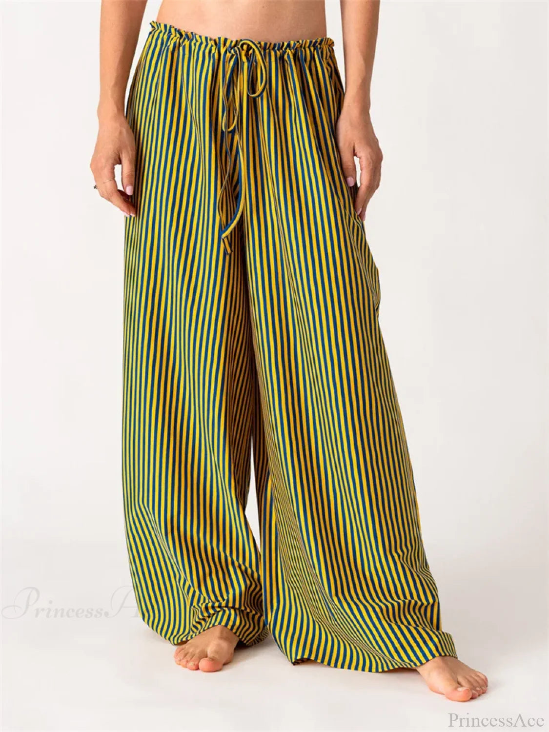 Solid/Striped Baggy Drawstring Casual Wide Pant GREEN / S pant-250223