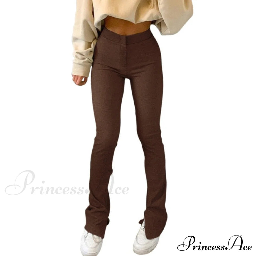 Solid Sweatpants Skinny Long Trousers Brown / S